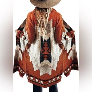New Native Print Fringed Blanket Cardigan Sweater